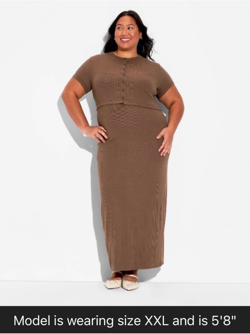 Plus Size Ribbed Knit Two-Piece Maxi Set in‎ Brown